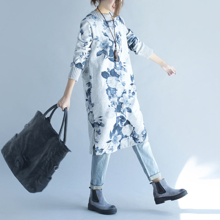 2021 autumn winter gray print woolen knit dresses plus size fit sweater dress side open