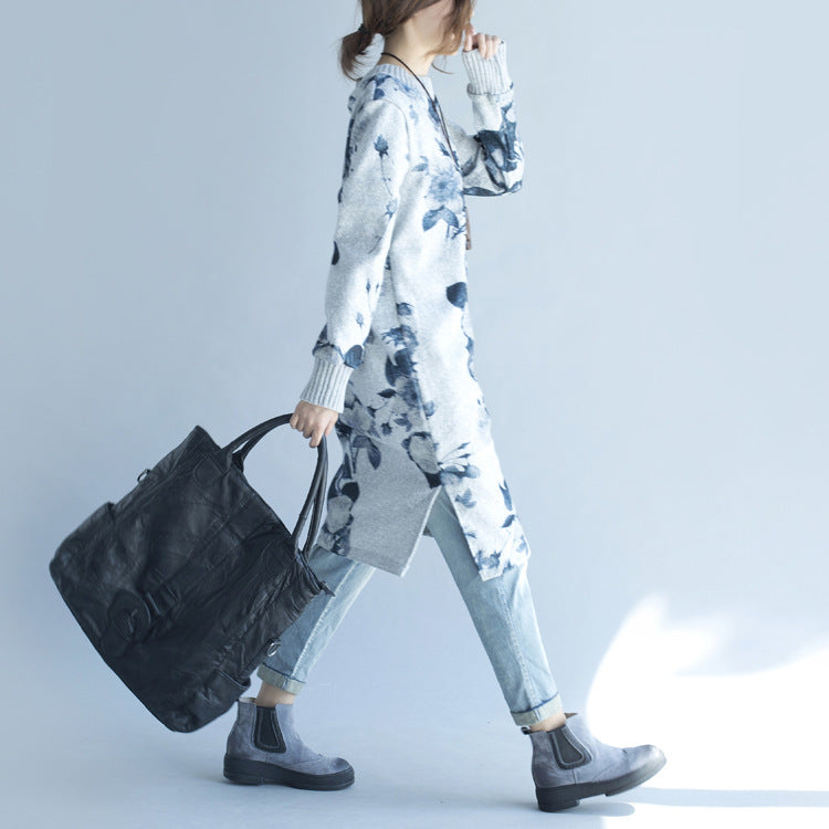 2021 autumn winter gray print woolen knit dresses plus size fit sweater dress side open