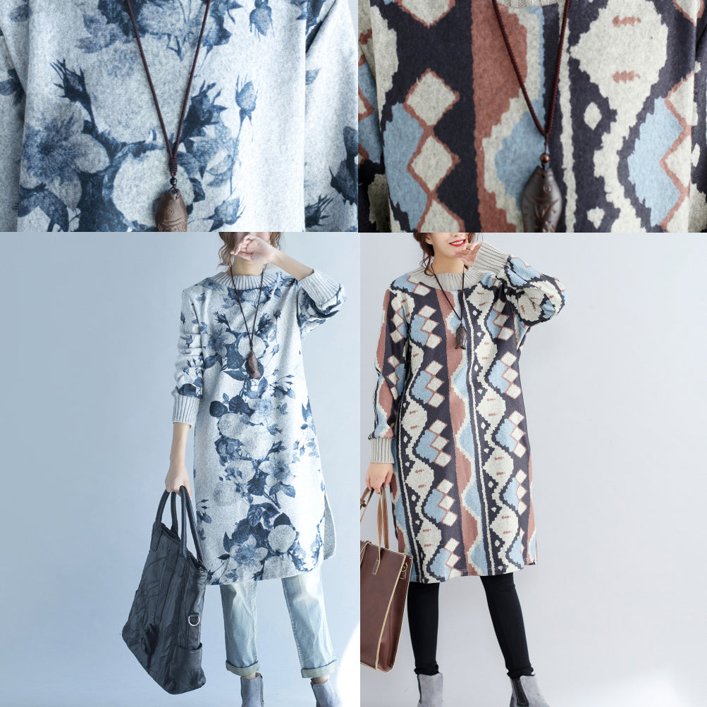 2021 autumn winter gray print woolen knit dresses plus size fit sweater dress side open