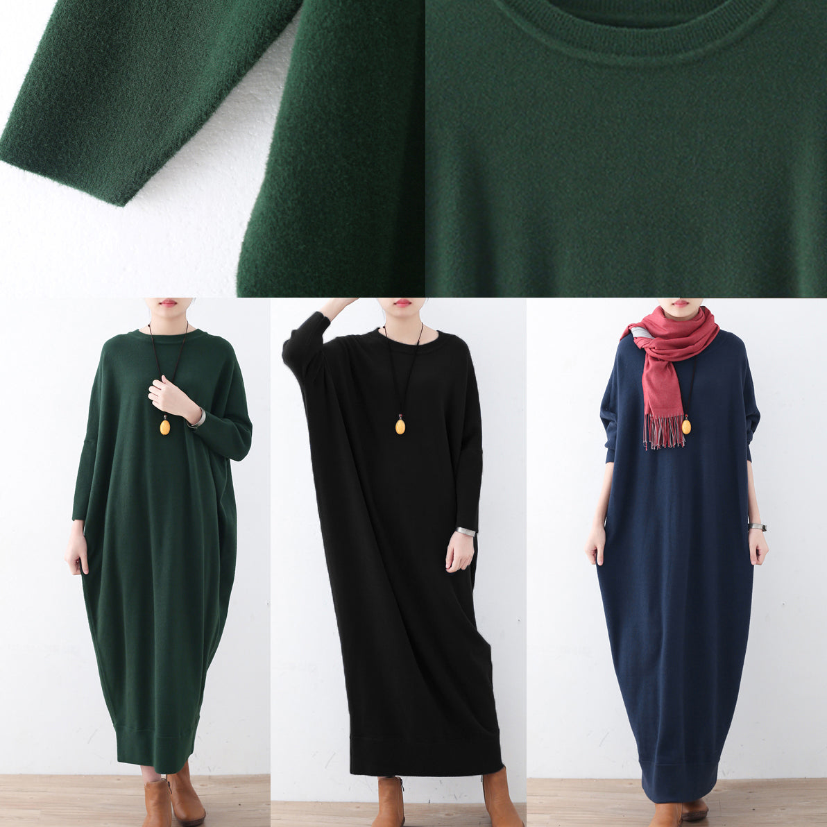 vintage blue knit dress plussize winter dresses Fine batwing sleeve winter dress