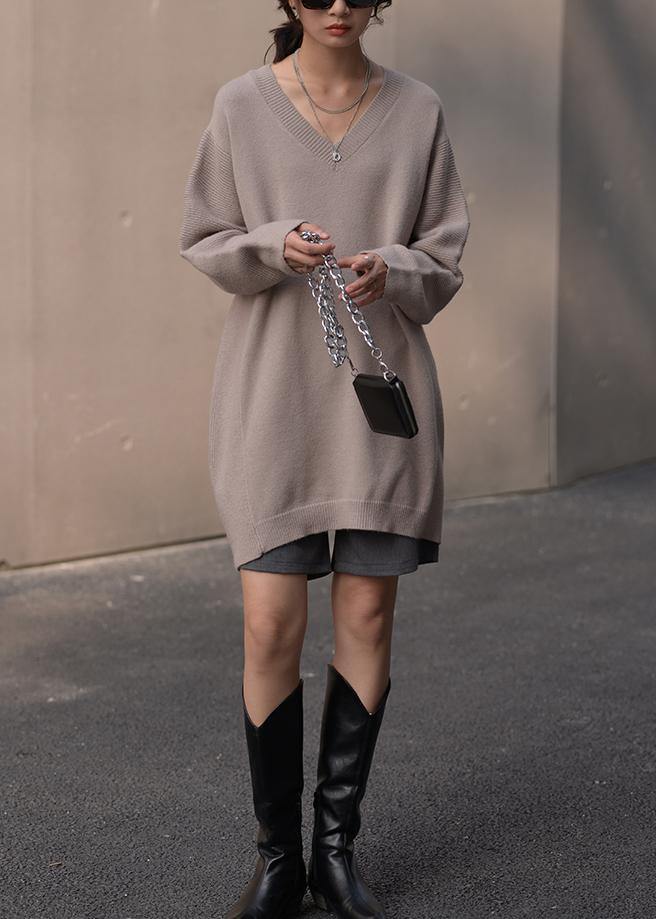 Fashion brown knit blouse v neck Loose fitting fall knitted blouse