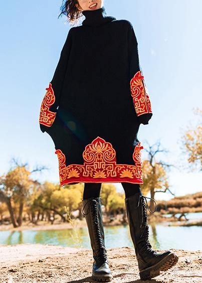 Knitted black Sweater Wardrobes Vintage embroidery oversized high neck knit dress