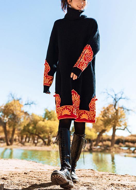 Knitted black Sweater Wardrobes Vintage embroidery oversized high neck knit dress