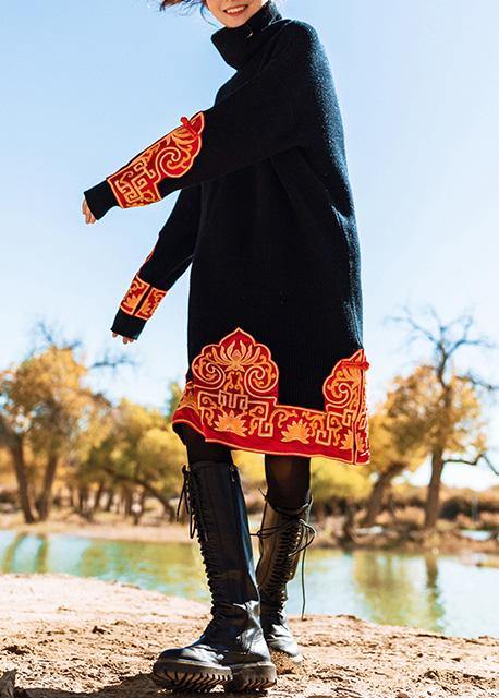 Knitted black Sweater Wardrobes Vintage embroidery oversized high neck knit dress