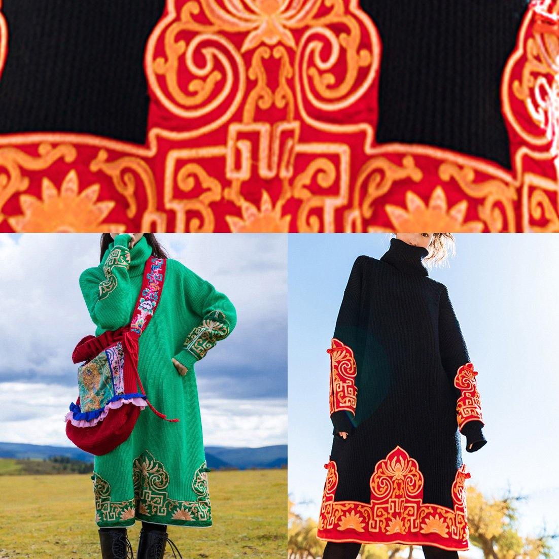 Knitted black Sweater Wardrobes Vintage embroidery oversized high neck knit dress