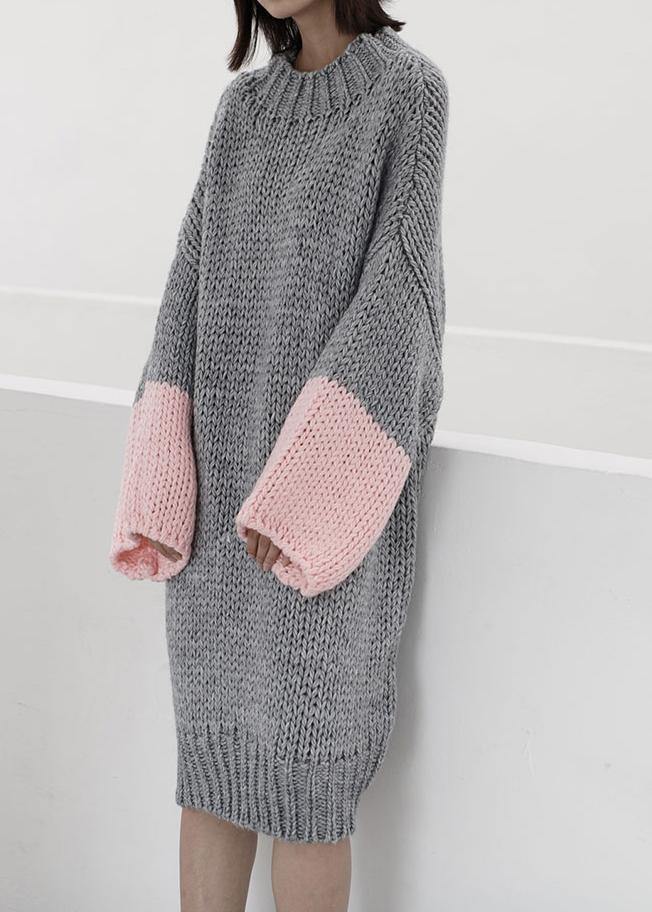 Women gray Sweater knit top pattern Upcycle o neck Batwing Sleeve knit dress