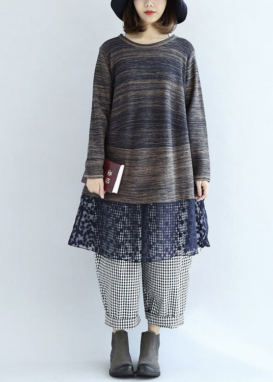 new multi blue cotton patchwork lace knit dresses plus size casual mid sweater dress